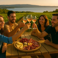 Amis trinquent avec du vin rosé dans un vignoble au coucher du soleil, accompagnés de fromage et charcuterie.
