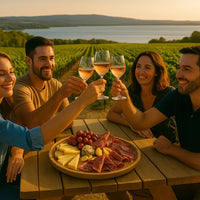 Quatre amis trinquent avec du vin rosé autour d'une table en bois avec plateau de charcuterie et fromage en plein vignoble