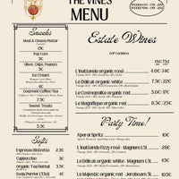 Menu After Work In The Vines avec snacks, vins biologiques AOP Corbières et boissons variées