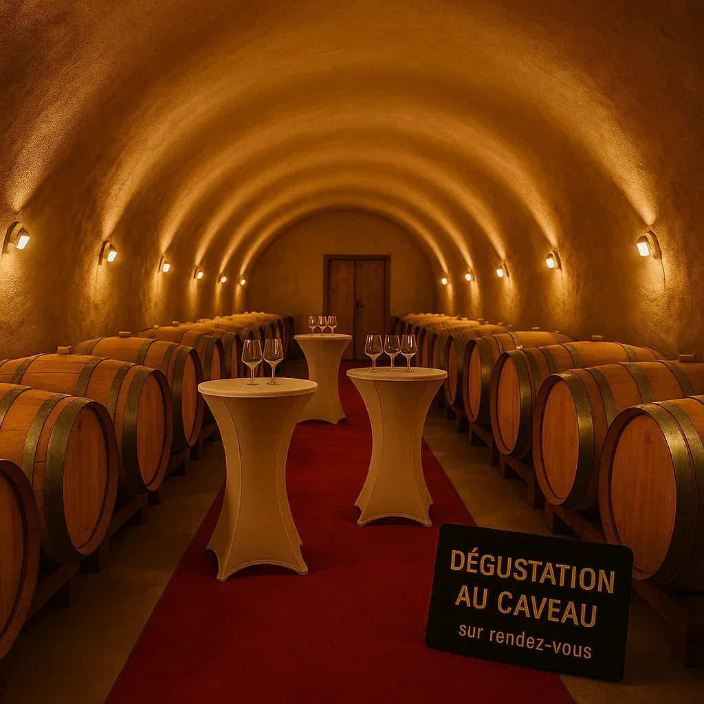 Dégustation de vins biologiques AOP Corbières dans un caveau avec barriques et verres
