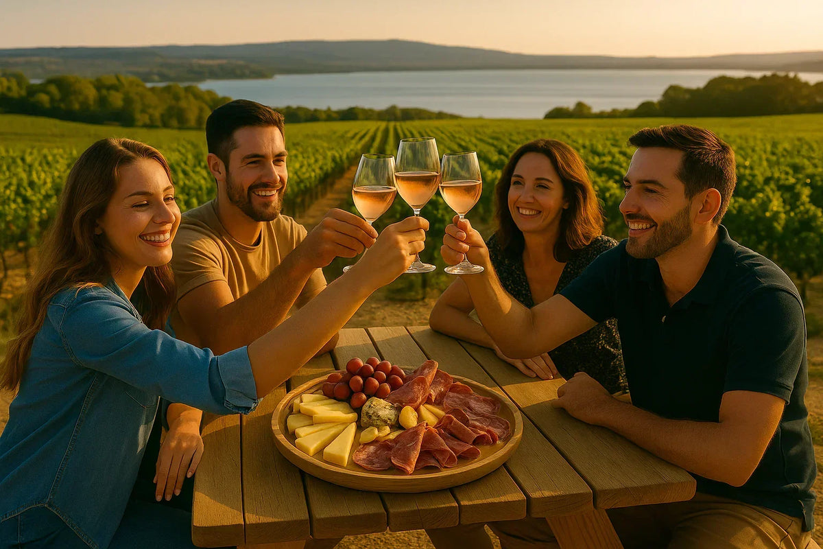 Amis trinquent avec du vin rosé dans un vignoble au coucher du soleil, accompagnés de fromage et charcuterie.