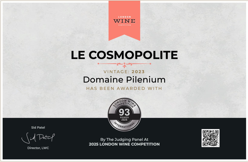 Official certificate · London Wine Competition 2025 — Le Cosmopolite 2023, Silver Medal 93/100 — Domaine Pilenium